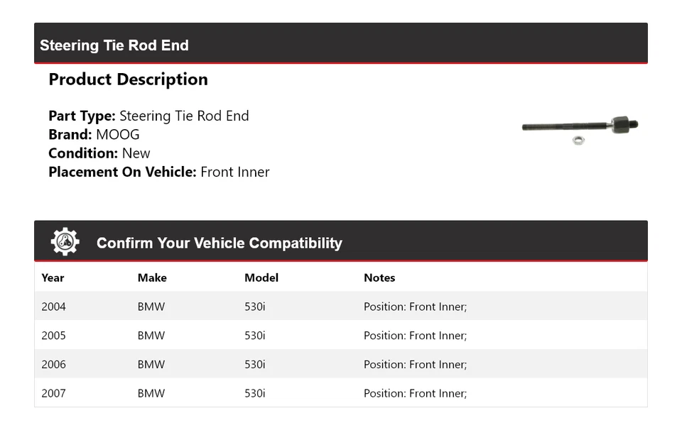 Para BMW 530i 2004-2007 extremo de barra de dirección interior delantero MOOG 2004 2005 2006 2007 Foto 2 de 3