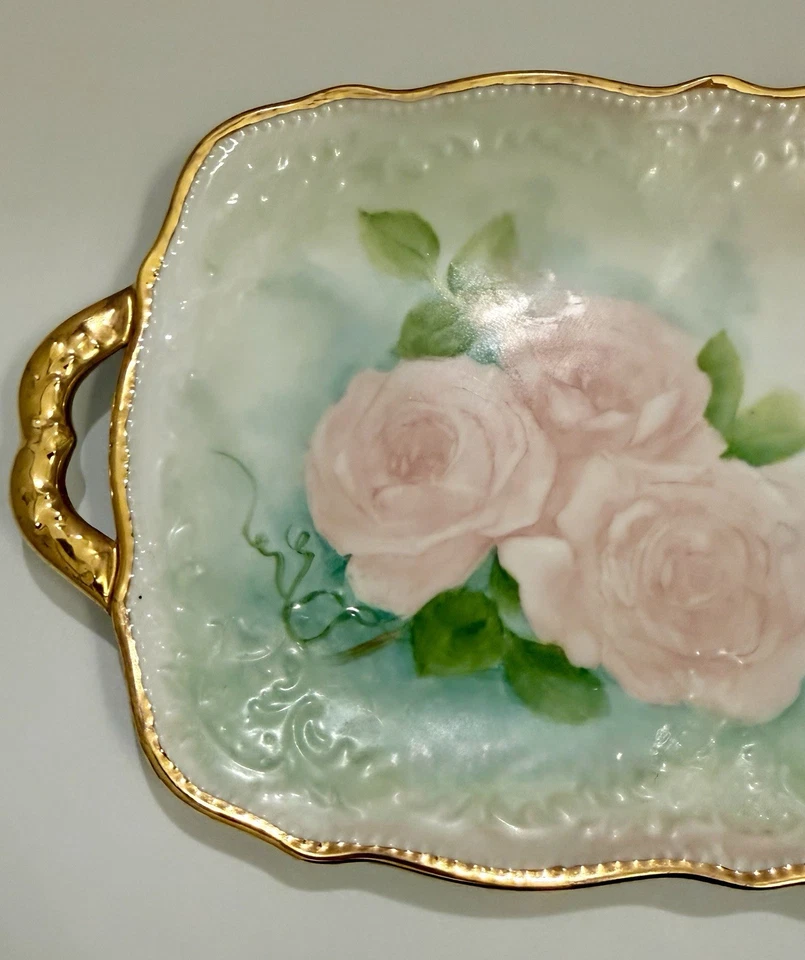 "Antigua bandeja de tocador vintage pintada a mano rosa porcelana asas doradas 15,5"" x 7""" Foto 2 de 4