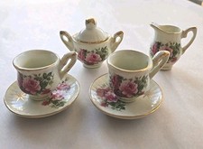 Vintage 7 Piece Porcelain Miniature Tea Set Rose  Star Pattern Gold Trim