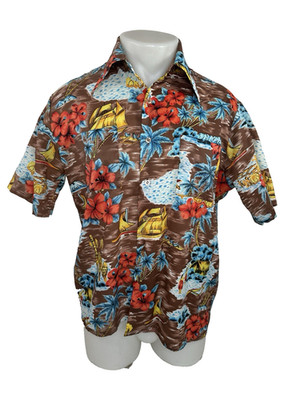Van Cort  - Vtg 70s Floral Sail Boats Island Hawaiian Aloha Md. Shirt