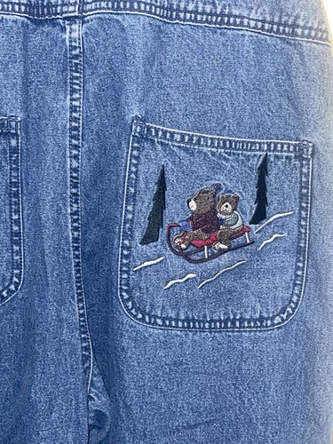 Vtg Christopher & Banks Embroidered Sledding Christmas Denim Bib Overalls Size L - Picture 6 of 6