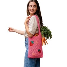 Pink Crochet Strawberry Tote Bag Fruitcore Knit Shoulder Bag Market Artsy Purse
