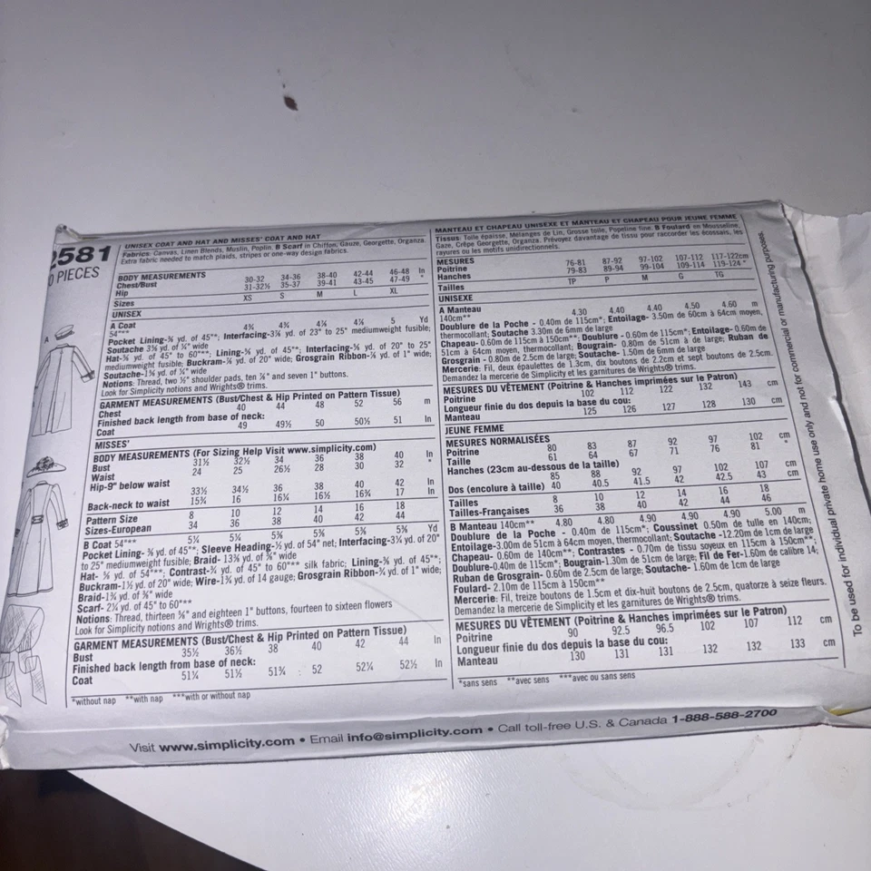 Simplicity Pattern #2581 Men and Misses's 1910s Coats and HatsNEW, Uncut Size A - Image 2 of 3