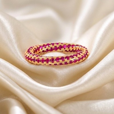 Pink Ruby Spiral Eternity Ring 925 Sterling Silver Swirl Pave Set Stackable Ring