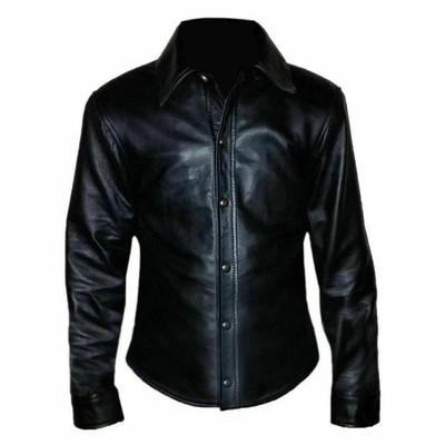 CLASSIC New Men's Black Leather Shirt 100% Soft Sheepskin Causal Slim Fit Shirt