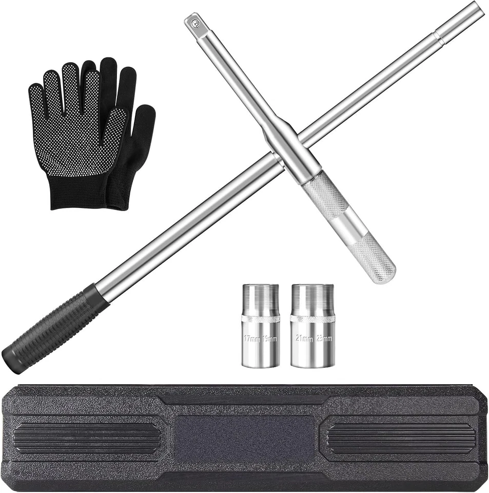 Heavy-Duty 4-Way Tire Iron Lug Wrench with Telescopic Handle & Sockets Foto 3 de 4