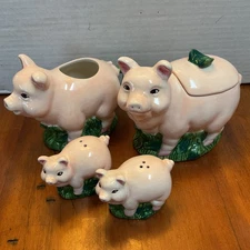 Set of 4 – Pink Porcelain Pig Decor – Sugar Bowl, Creamer, S/P Shakers