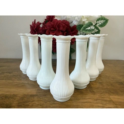 Vintage White Milk Glass Fluted Bud Vases Set of 7 Holiday Wedding Decor