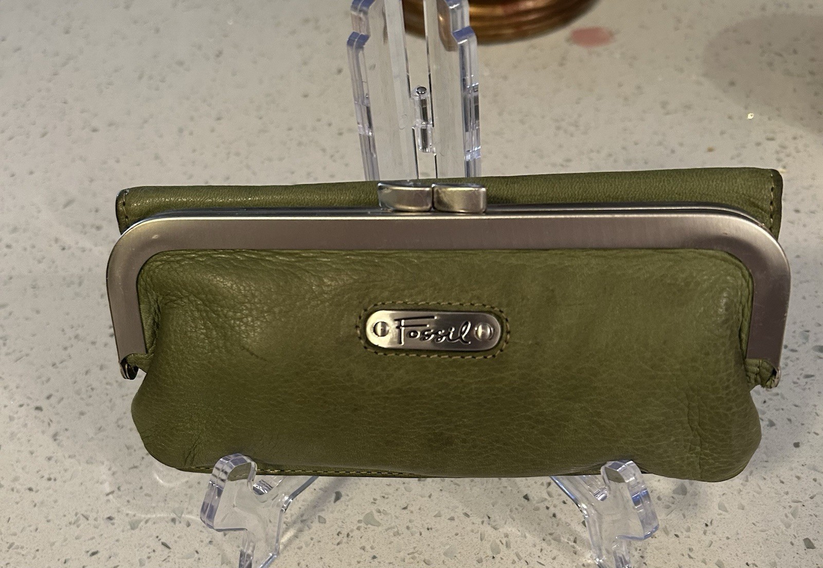 Vintage Fossil Wallet Clutch Green Leather Snap Kiss Close Lock