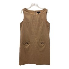 Tahari Dress 10 Brown Gold Metallic Linen Cotton Blend Sheath Sleeveless Pockets