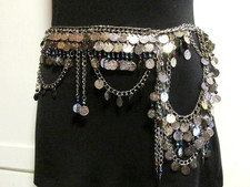 Belly Dance Silver Tone Chain Faux Coins Multicolor Beads Dangle Metal Belt- 40"