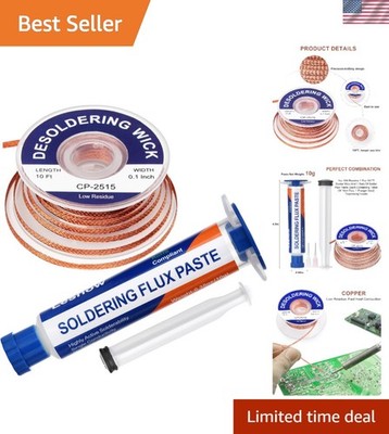 No-Clean 10cc Solder Flux Paste and Efficient 10ft Wick for Electronics Repair