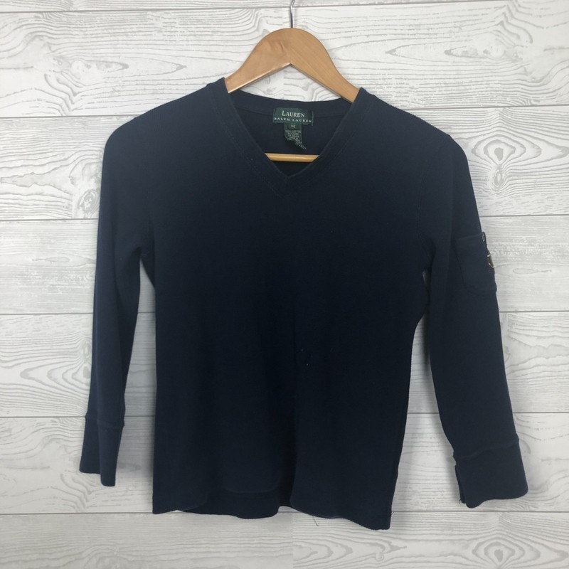 Lauren Ralph Lauren Women's Medium V Neck Ribbed Tee Shirt 100% Cotton Navy Blue