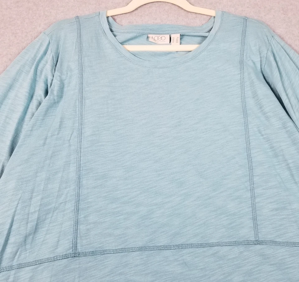 LOGO Tunic Top Womens 2X Plus Light Blue ¾ Bell Sleeve Side Pockets Stretch Knit - Image 2 of 4