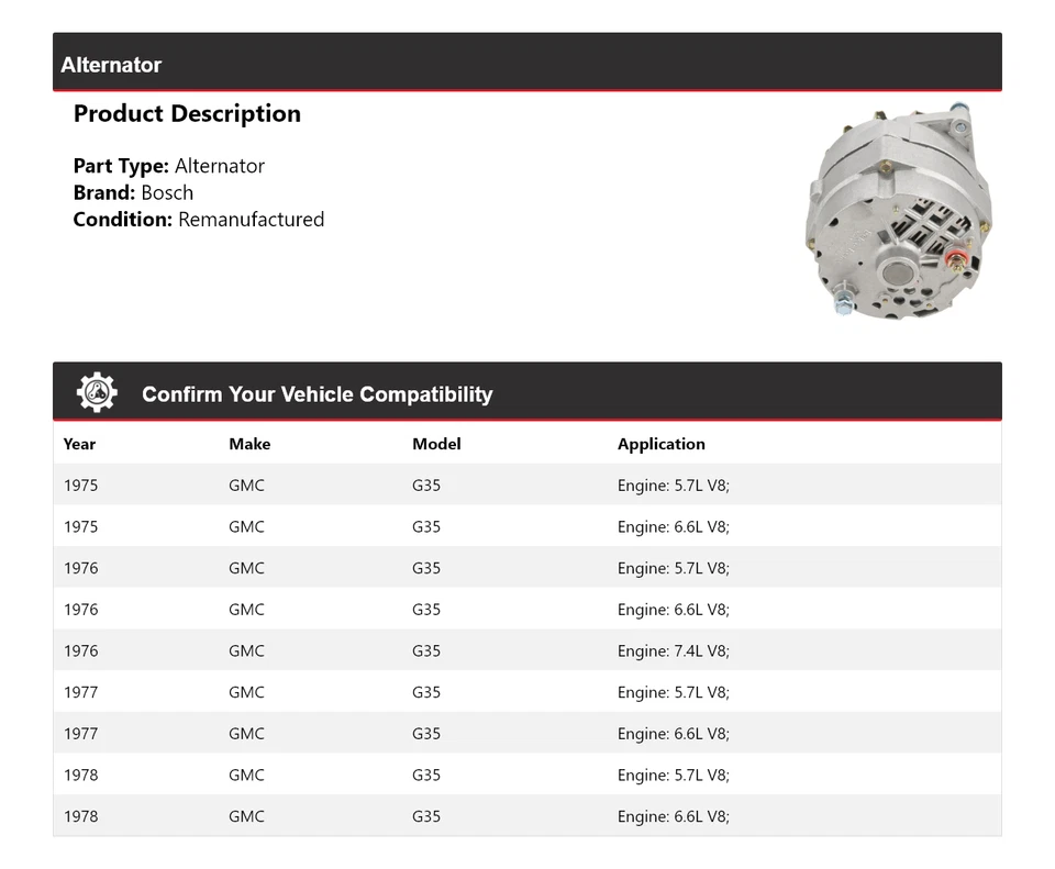 Alternador Bosch GMC G35 1975-1978 (Remanufacturado) 1976 1977 Foto 2 de 4