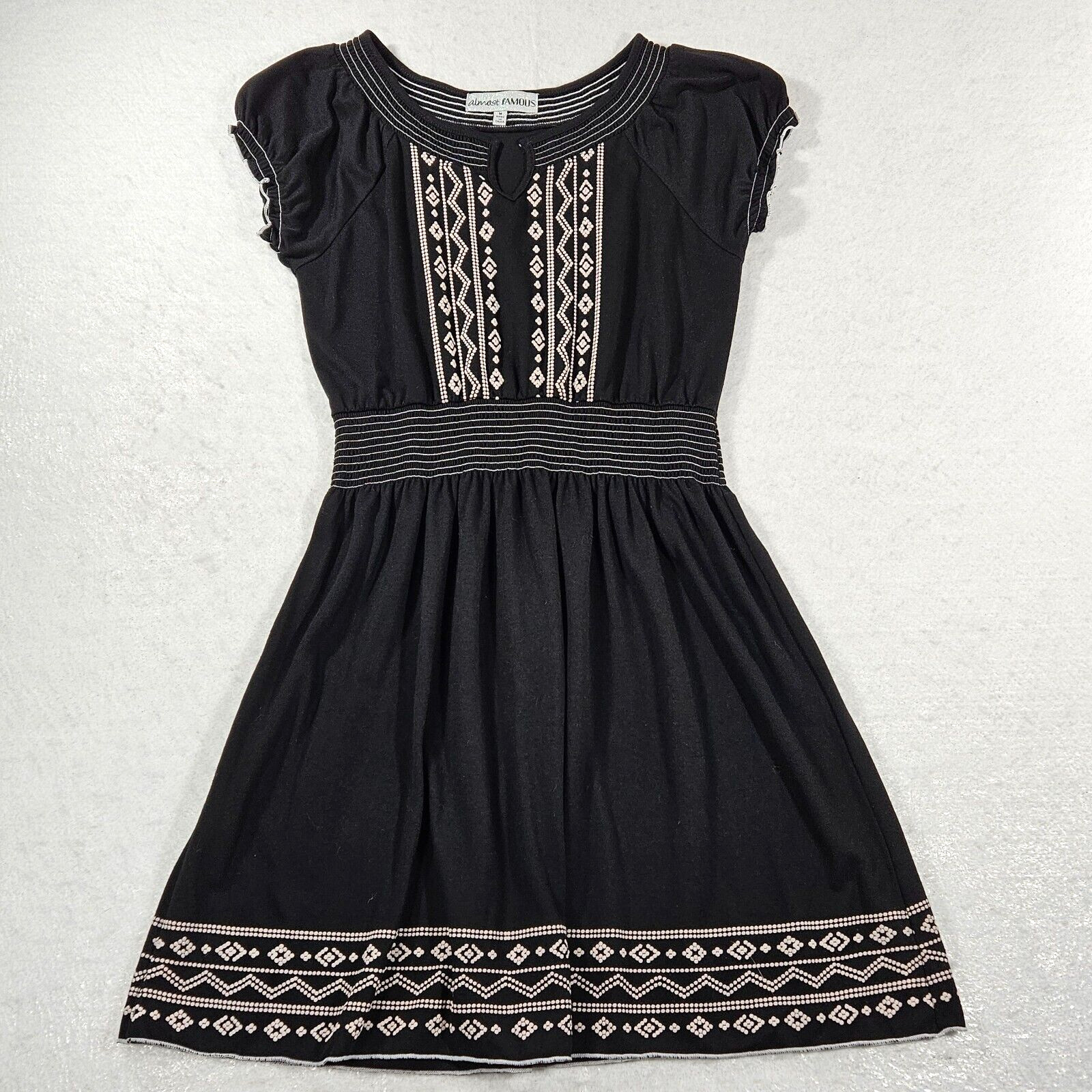 Almost Famous Sheath Mini Dress Women Medium Black White Embroidery Boho Western