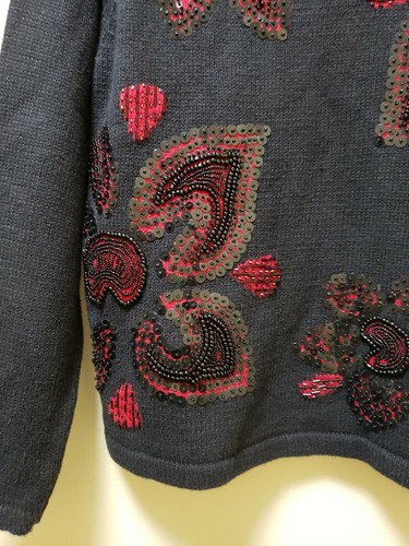 Maglione Natale Abito Donna Fienile Piccolo Nero Rosso Perline Paillettes Floreale - Foto 6 di 7