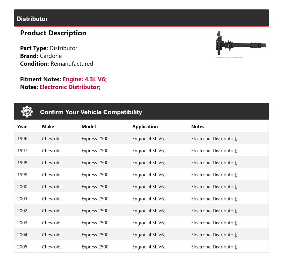 Chevrolet Express 2500 1996-2005 4,3 L V6 distribuidor Cardone 1997 1998 1999 Foto 2 de 4