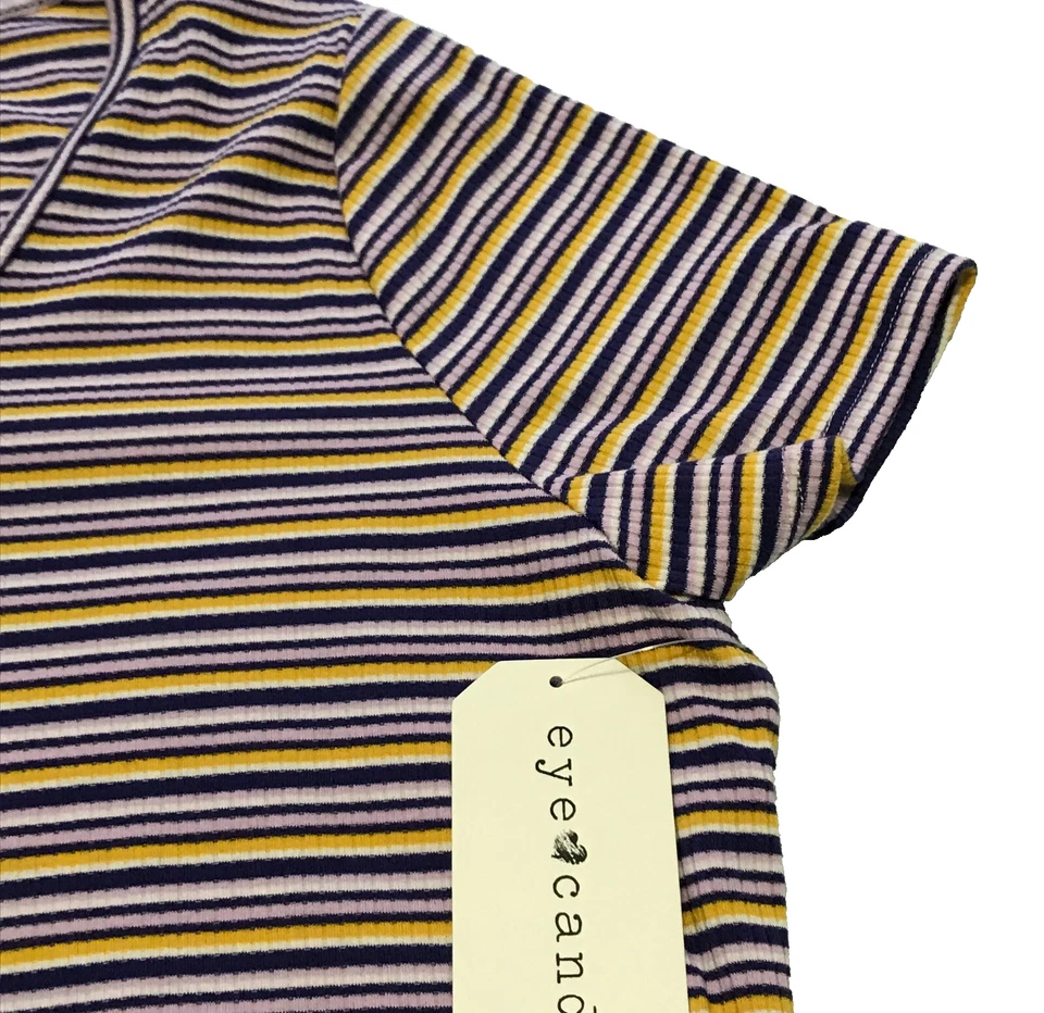 Eye Candy Womens Top Sz 3X Lavender Yellow Black Stripe Front Knot Stretch NWT - Image 3 of 4