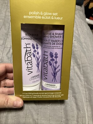 Vitabath Lavender Polish & Glow Set, 5.3 oz Scrub/8 oz Foaming Shower Oil NIB