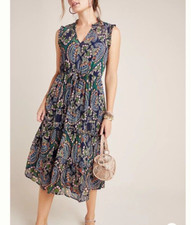 Anthropologie Dress 0 Elmira Ruffled Drawstring Whimsical Romantic Paisley Navy