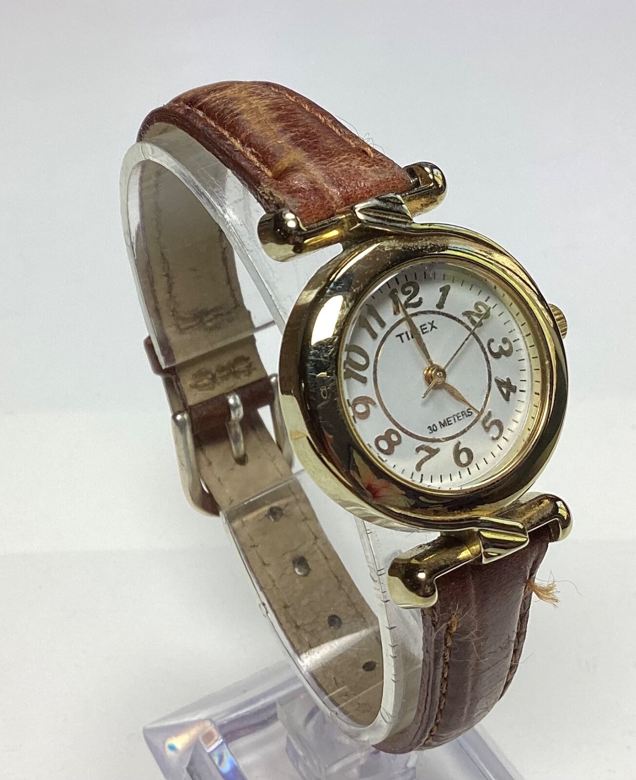 Timex Vintage Gold Tone Watch with White Face and Brown Leather Band WR New Battery