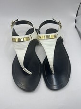 Charles and Keith White T Bar Sandals Size 7 38 Buckle Close Flat Gold Trim