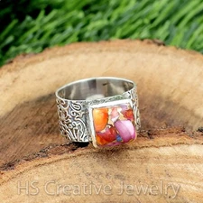 Textured Band - Kingman Pink Dahlia Turquoise 925 Sterling Silver Handmade Ring