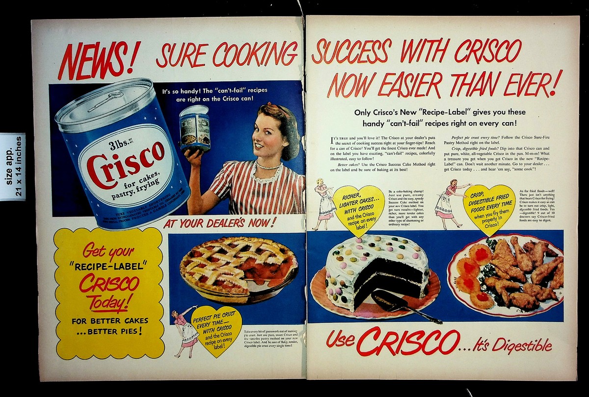 1948 Crisco Vegetable Shortening Cooking Recipe Label Vintage