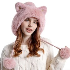 Fluffy Cat Ear Beanie Hats for Women Pompom Knit Skull Cap Winter Outdoor War...