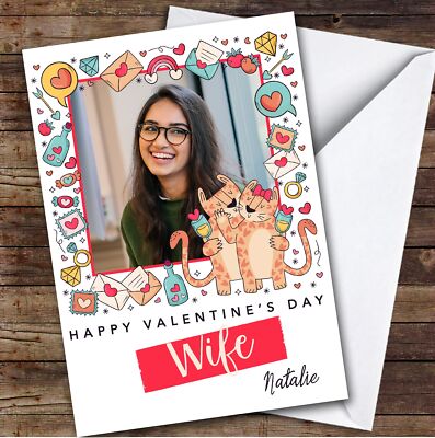 Personalisierte Doodle Icons Katzen Foto Happy Valentinstag Frau Karte
