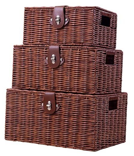 Set of 3 Woven Wicker Storage Basket Box with Lid & Lock, Built-in Natural