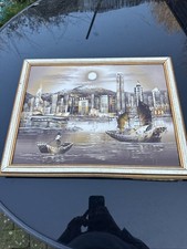 Vintage Oil On Canvas of Hong Kong Harbour Beautiful Condition Framed