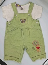 Vtg Y2K Disney Winnie The Pooh Green 2 Pc Bib Overall Coverall Set Girl's 12 Mos