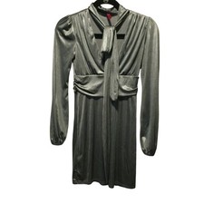 Magenta Metallic Long Sleeve Tie Neck Gathered Waist Mini Dress Women'Size Small