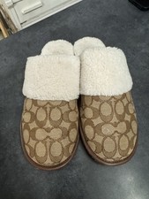 Coach CW740 Signature Logo Faux Fur Lined Mule Slippers Brown/White Women 8