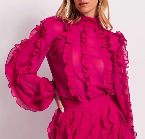 PatBO High Neck Ruffle Blouse In Fuchsia Pink Chiffon - Women's Size Large - NWT