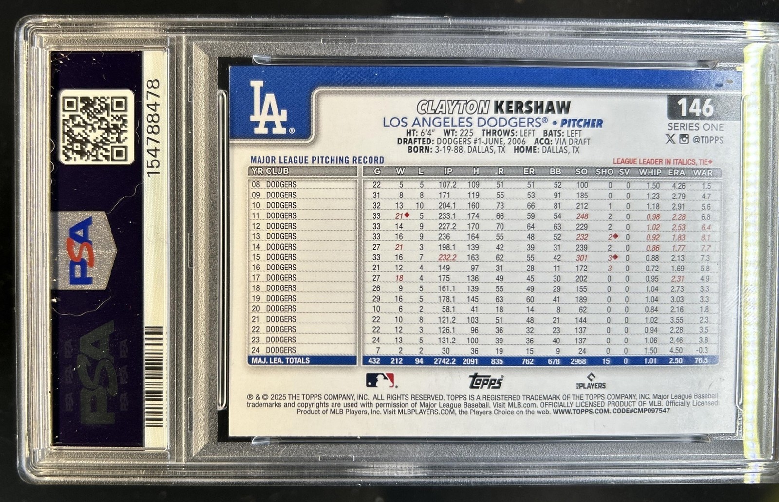 2025 Topps Clayton Kershaw Diamante Foil #146 Dodgers PSA 8 view 2