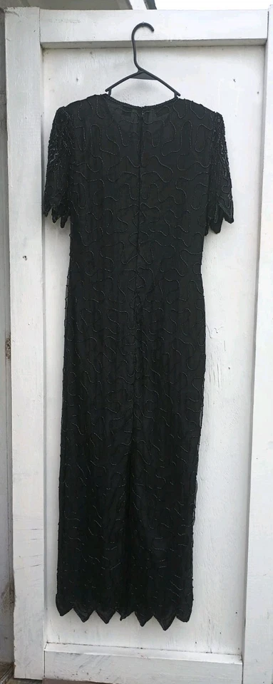 Vintage 90s Laurence Kazar Black Sequined Beaded Maxi Dress Petite Small Women's - Image 2 of 4