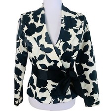 Vintage Sz 6 Satin Floral Blazer Jacket Ivory Black Wrap Tie Waist Dressy Formal
