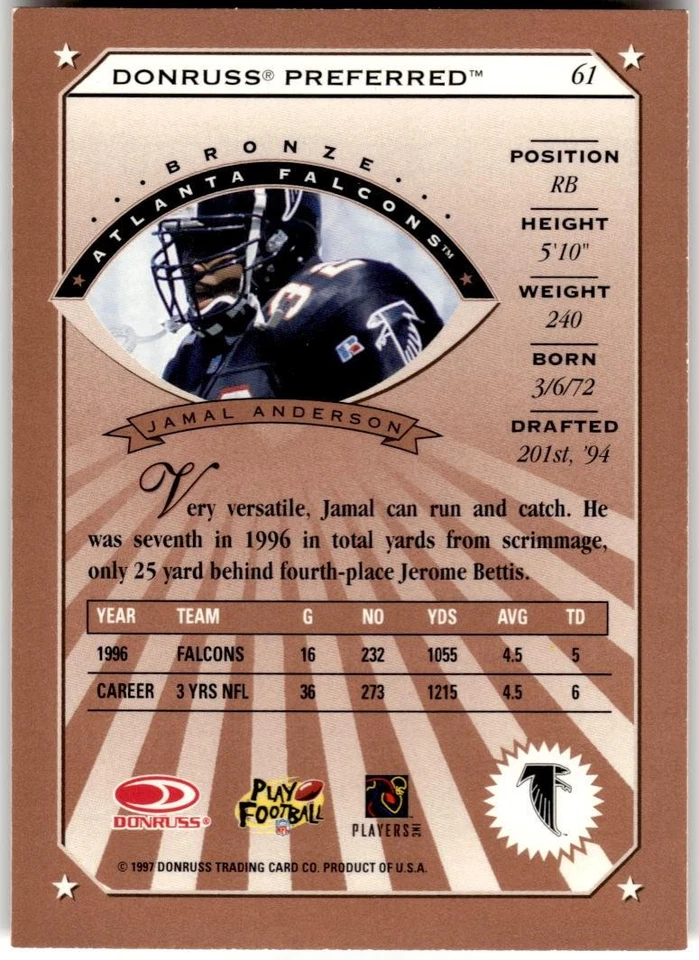 1997 Donruss Preferred #61 Jamal Anderson - Image 2 of 2