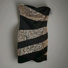 Black Gold Sequin Strapless Mini Dress S VTG Miss Avenue Bodycon Clubwear Party