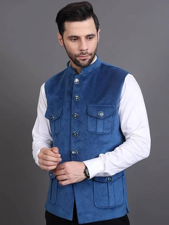 Chaqueta de recepción de terciopelo azul de 4 bolsillos para hombre Chaleco estilo indio Chaqueta Foto 2 de 4