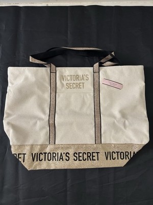 Victoria s Secret Gold Glitter Canvas Tote Bag NWT Large Free Shipping!