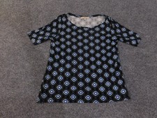 LOFT Dress Womens Medium Black Blue White Geometric Print Short Sleeve Rayon