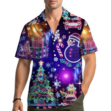 Neon Christmas Hawaiian Shirt Colorful Santa Claus Tree Lights Snowman Aloha Shi