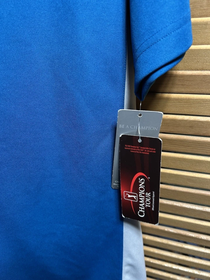 Polo de golf Champions Tour grande azul y blanco manga corta poliéster con etiquetas Foto 3 de 4