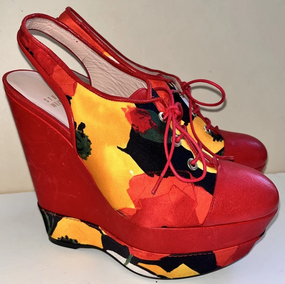Stuart Weitzman 充满活力的红色花卉 Itsatie 厚底楔形鞋新款 6.5 M 码 — 第 2/4 张图片