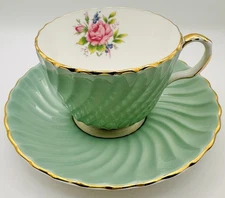 Vintage AYNSLEY England Sage Green Pink Rose Swirl Cup & Saucer; Teacup Floral