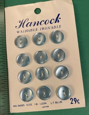 (12) VINTAGE HANCOCK 1/2  BLUE PLASTIC 2-HOLE CRAFT BUTTONS NOS CARD-T903